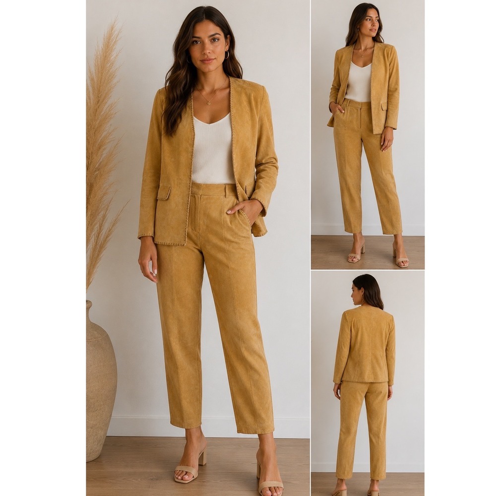 Terry Lewis Classic Luxuries Suede‎ Leather Pant Suit Blazer Set Camel Tan Sz L